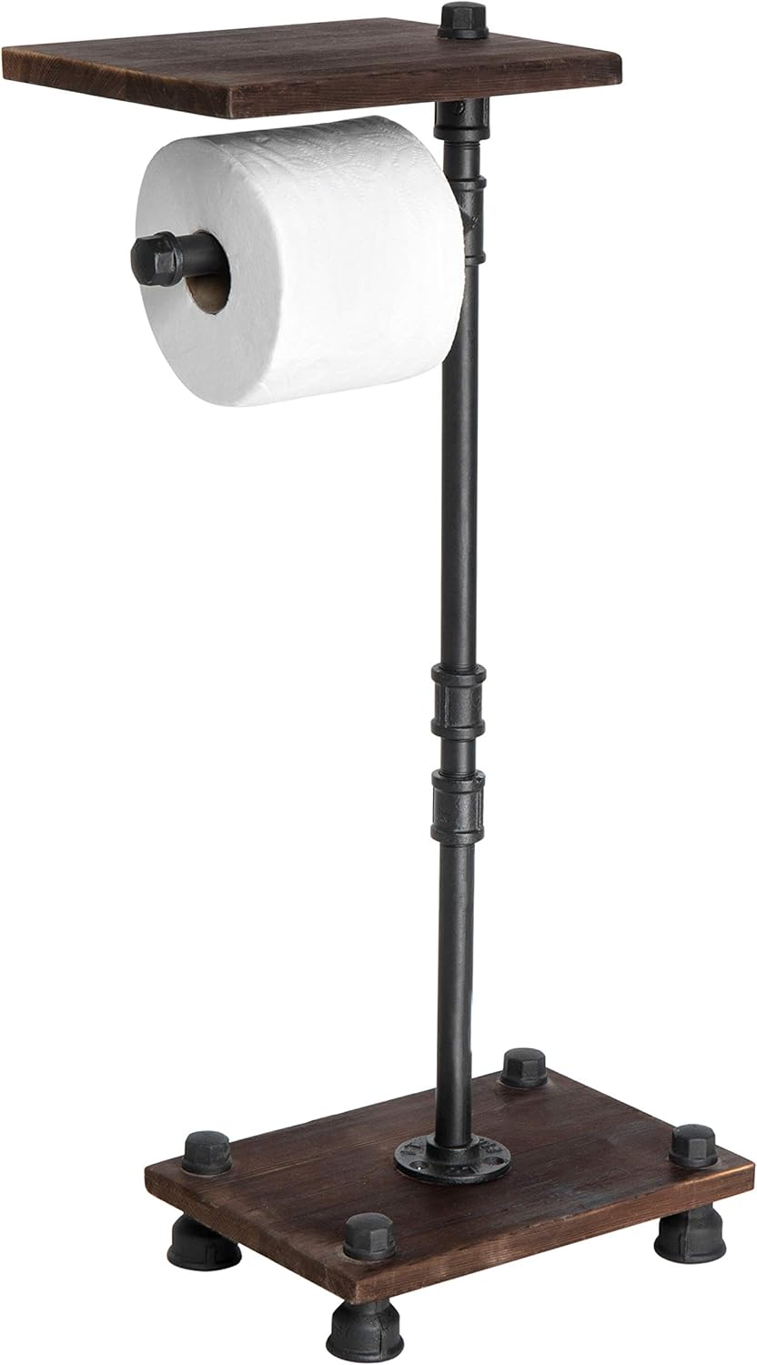 🛒 Crаzу Dеаlѕ MyGift Standing Industrial Pipe Black Metal and Rustic Wood Toilet Paper Roll Holder Stand with Wooden Shelf