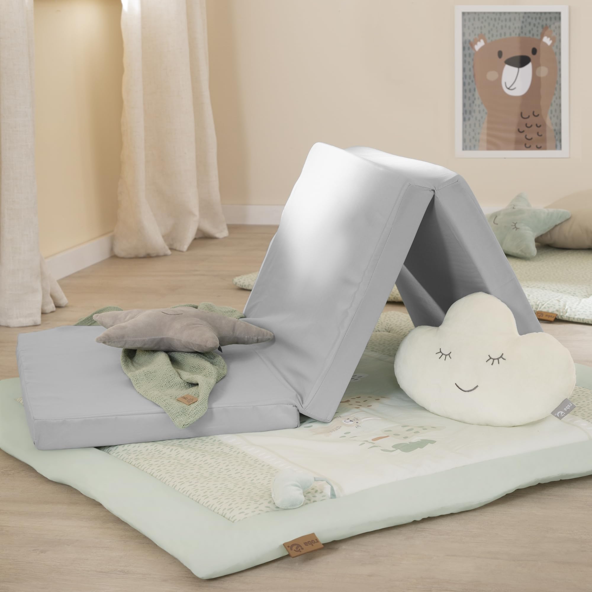 roba Tapis de Jeu Woodland Buddies 100 x 100 cm - Rembourrage Doux - Tapis d’Éveil Bébé dès la Naissance - Surface en Coton - avec Appliqués Nuages & Motif Forêt - Vert Pastel