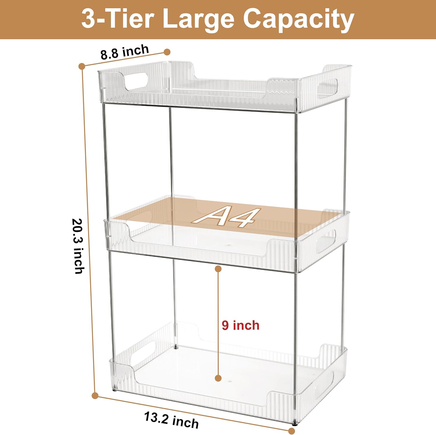 3 Tier Bathroom Counter Organizer, Multi-Purpose Cosmetics Skincare Shelf, Fits A4 Size Makeup Organizer for Office and Vanity Tray, Countertop Storage Solution for Kitchen,Bath.(Clear) - Image 2