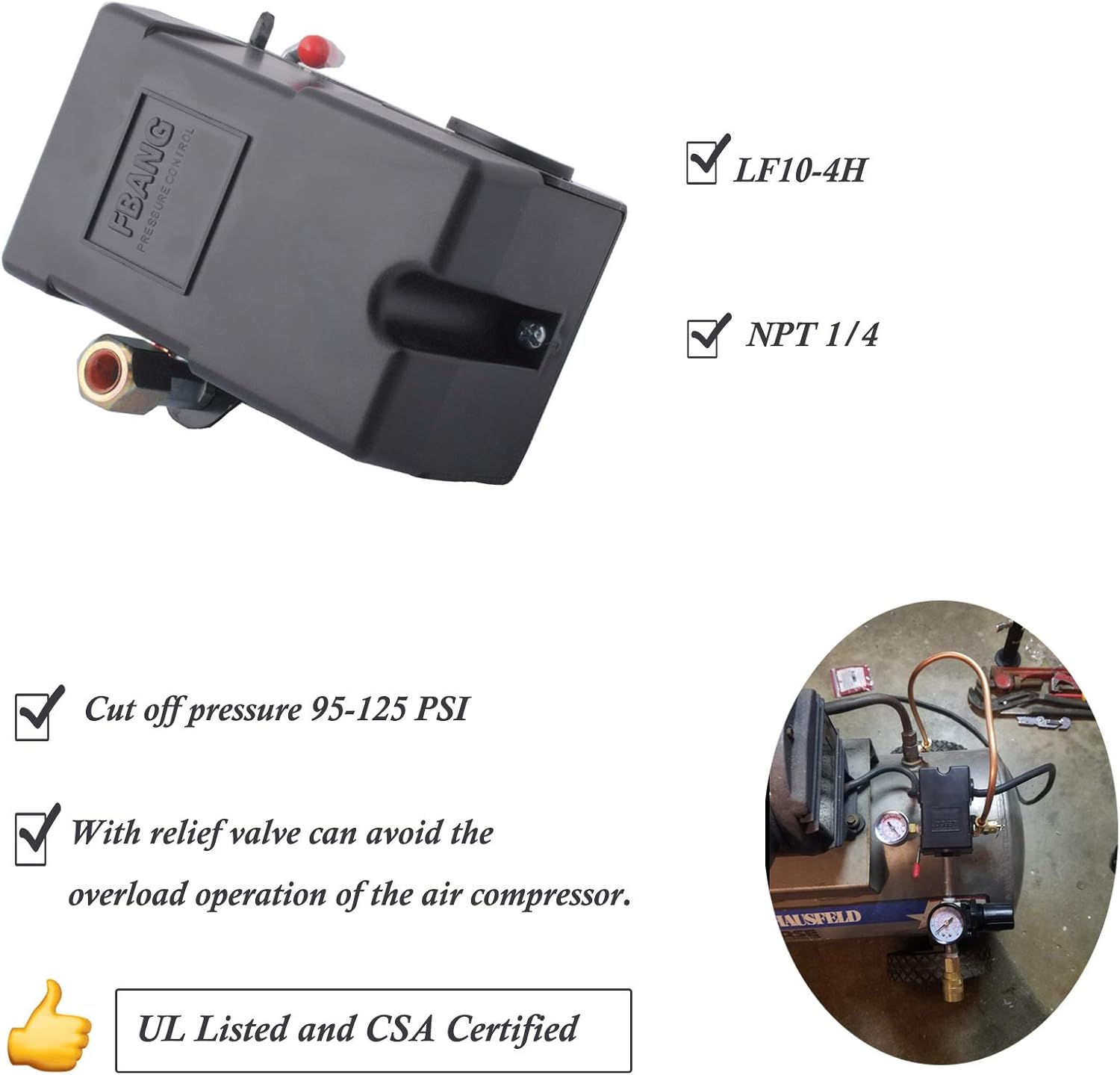 LF10-4H Pressure Switch, 4 Port Air Compressor Pressure Switch Replacement Control NPT1/4 95-125 PSI 20A : Tools & Home Improvement