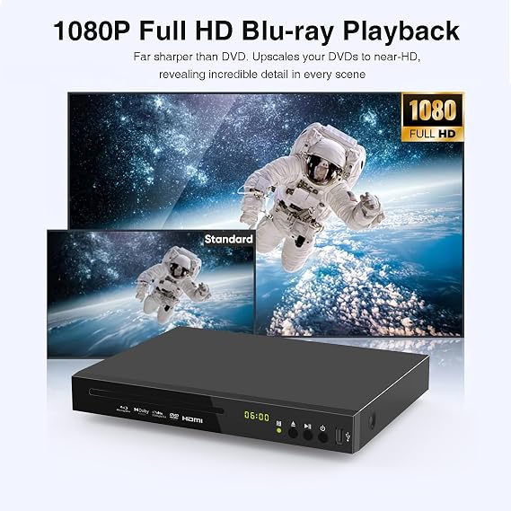 Blu Ray DVD Player Full HD 1080P Support Dolby Digital TrueHD/DTS, Plays Region A/1 Blu-Rays and All DVDs, USB Port Max 128GB, Built-in NTSC/PAL with HDMI/AV/Coaxial Output and HDMI/AV Cable