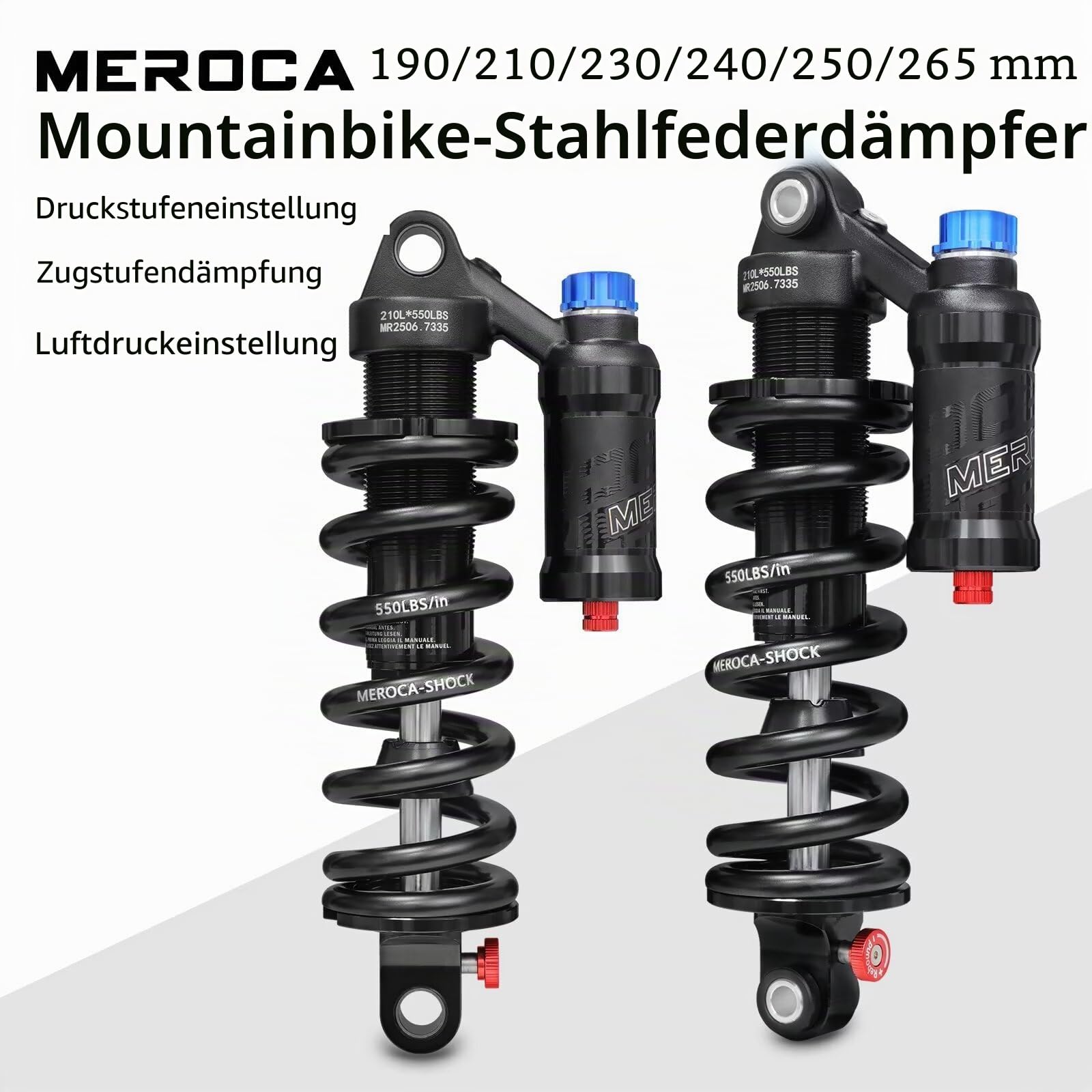 MEROCA Einstellbarer Luftfeder-Spiralfeder-Über-Stoßdämpfer für Mountainbikes, 190-265mm, 550LBS-Feder, Rückprall, Kompression, Vorspannung und Luftdruck (200-300 PSI) Passend für MTB/Downhill/E-Bikes