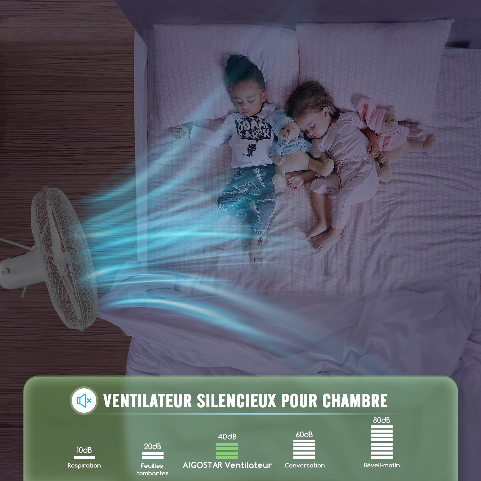 Aigostar Ventilateur sur Pied, 3 Vitesses, 7 Pales, Oscillation 75°, Stable et Silencieux, Hauteur réglable 108-125cm, 50W, Blanc - Erika