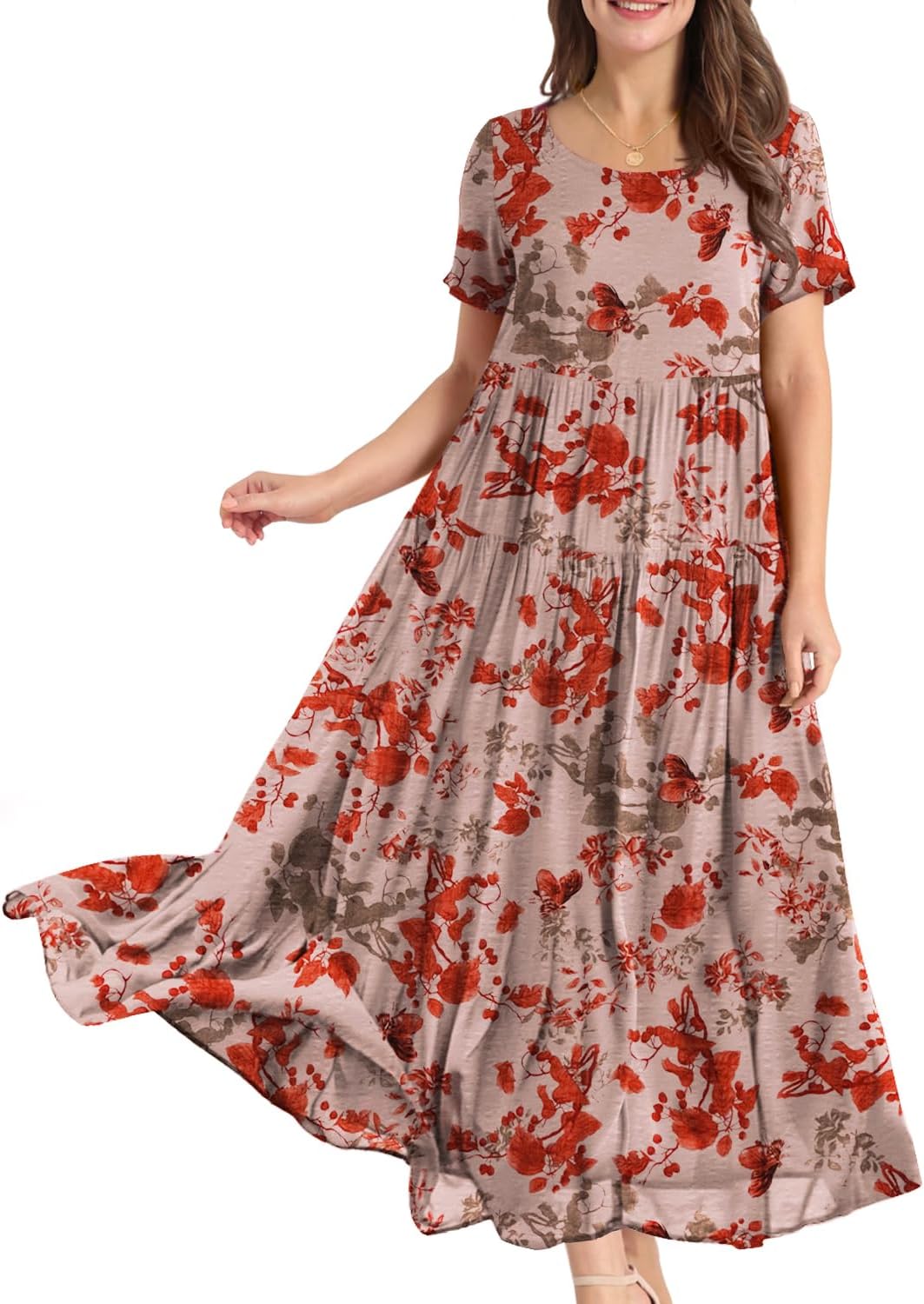 YESNO Women Casual Loose Bohemian Floral Dress with Pockets Short Sleeve Long Maxi Summer Beach Swing Dress EJF