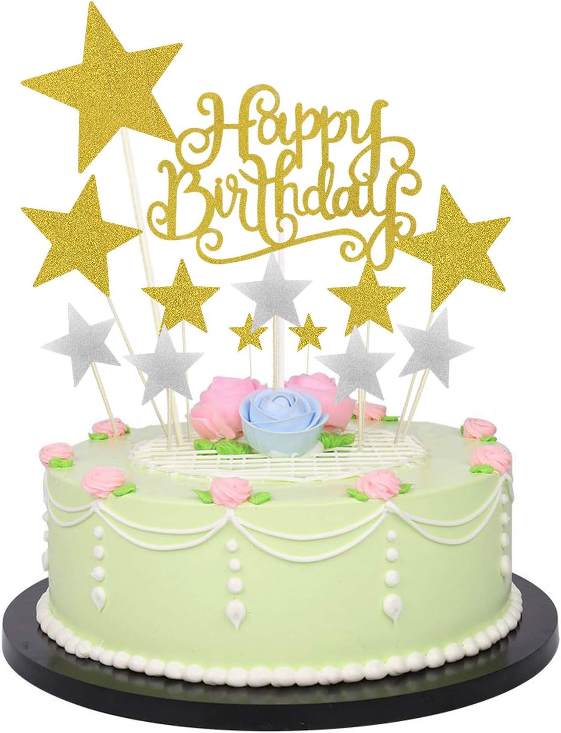 1 PCS Gold Birthday Cake Decoration Gold Happy Birthday Handmade Cake Topper and 12 PCS Pentacle Stars Cake Toppers Decoration for Party Decoration by Allazone