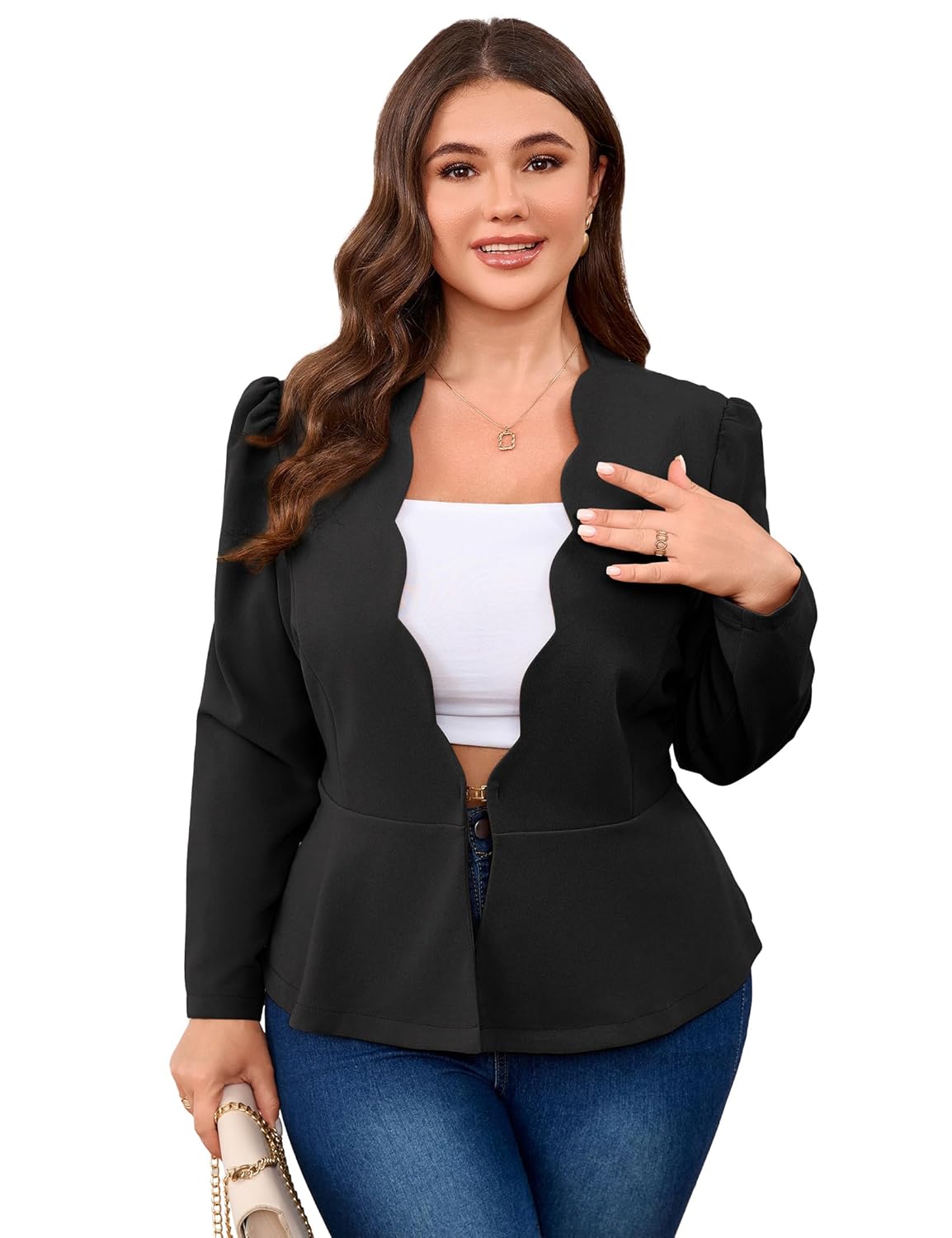 Yesfashion Plus Size Womens Hook Eye Blazer Suit Jacket Long Sleeve Scallop Placket Peplum Business Casual Blazers