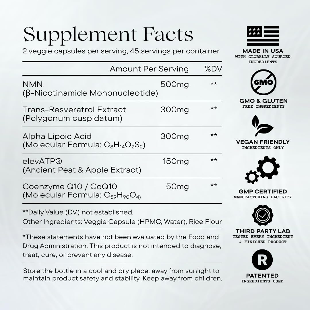 NMN Mitochondria Supplement - NMN 500mg, NAD+ & ATP Support for Cellular Vitality and Longevity - Clinically Tested elevATP, Resveratrol, CoQ10, Alpha Lipoic Acid - 90 Veggie Capsules — Amazon image 8