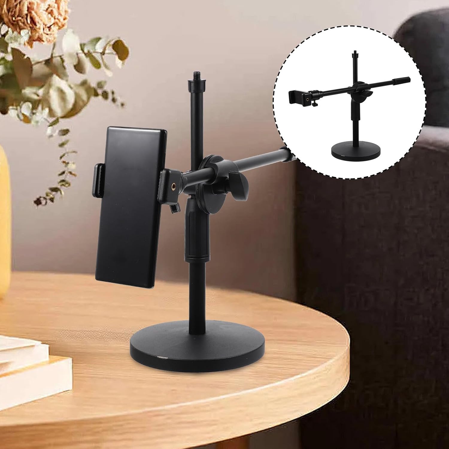 Overhead Phone Mount Stand for Video Recording and Live Streaming, 360° Rotatable Desk Phone Holder Compatible with Smartphones, Black