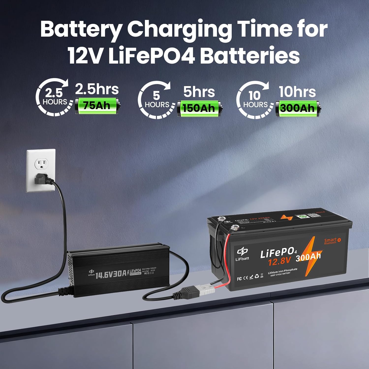LiFePO4 Battery Charger 12V 30A Output 14.6V with Anderson Connector and M8 Adapter Cable, for Deep Cycle Rechargeable LiFePO4 Lithium Batteries Charging