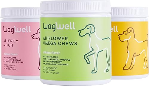 WagWell Ahiflower - Paquete de masticables masticables para perros con aceite omega, alergia y picazón y masticables calmantes, suplemento para