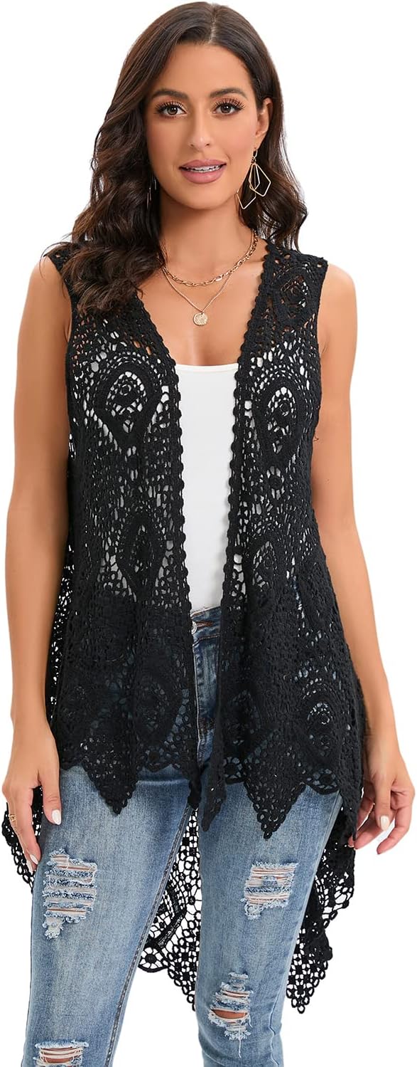 Women's Crochet Lace Vest Boho Sleeveless Kimono Irregular Hem Cardigan - Image 3