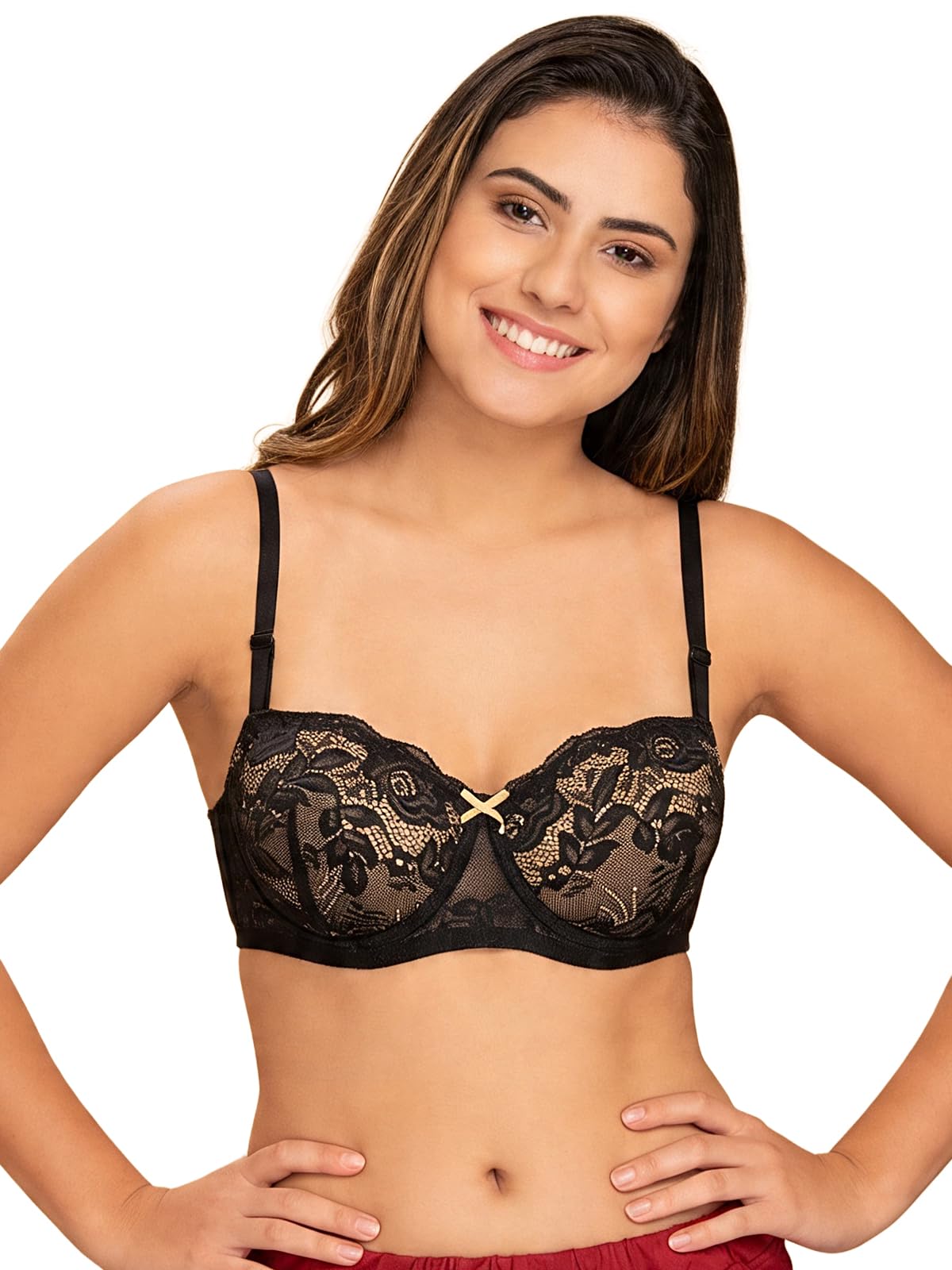 clovia Women's Lace Solid Padded Full Cup Underwired Balconette Bra - Black-picture-12