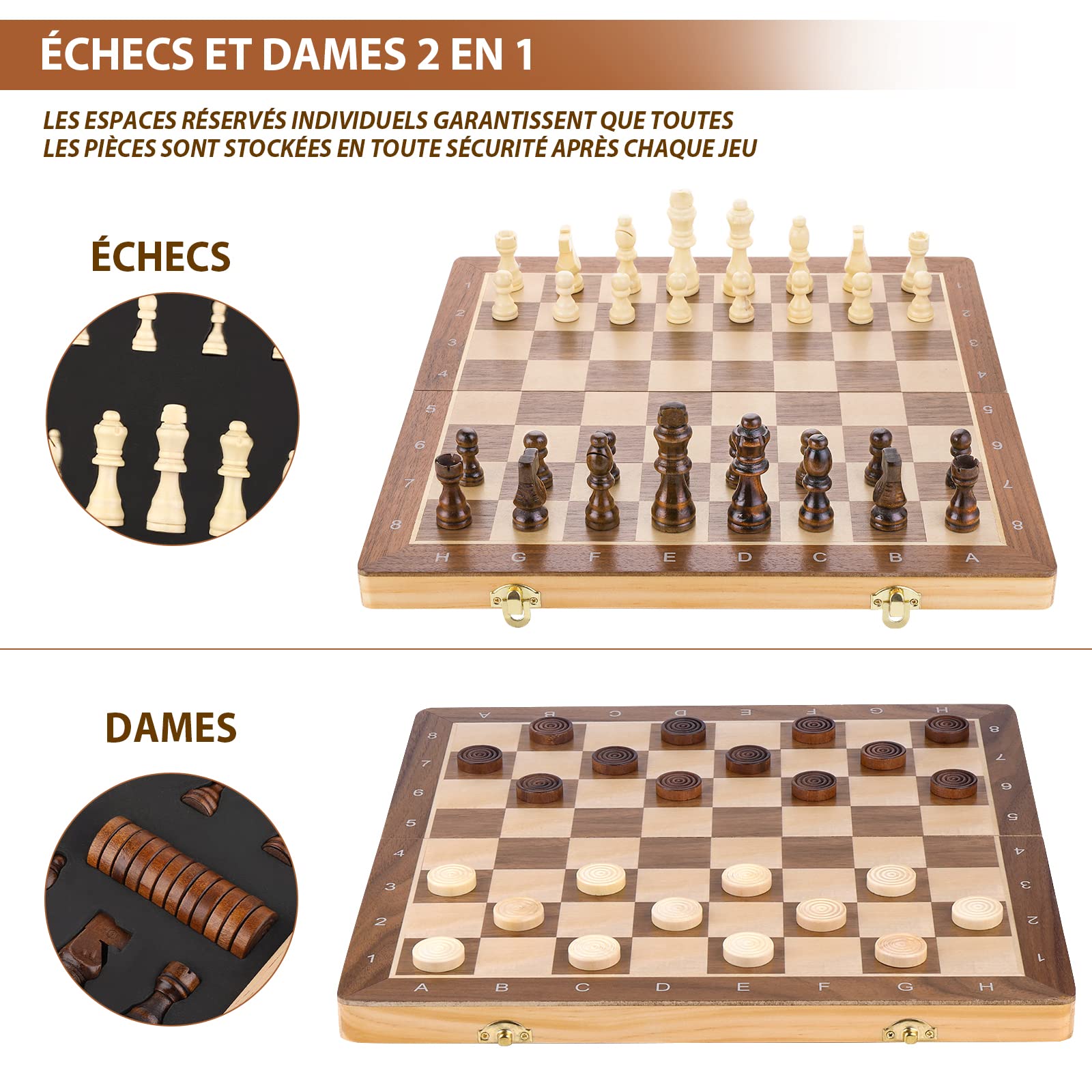 Peradix Jeu d'échecs et Dames 2 en 1 Echiquier en Bois Magnétiques, avec Double Dames, Pour Voyage Pliables, Jouets et Cadeaux de Jeux Éducatifs pour Adultes et Enfants (38 X 38CM)