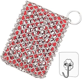 Cast Iron Cleaner,Stainless Steel Cleaner Chain Iron Scrubber with Silicone Insert,Chainmail Scrubber for Cast Iron Pans Cookware Skillet Dishwasher,Kitchen Tools Gadught (Cleaner Red)