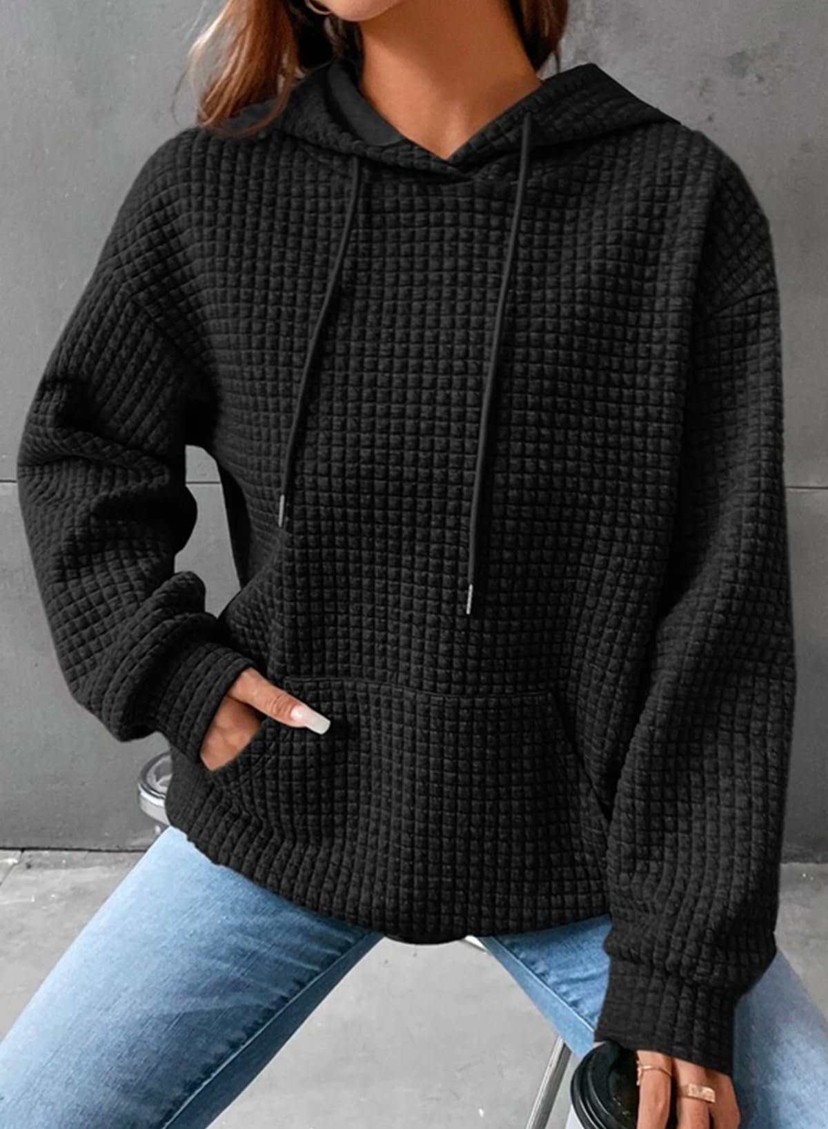 Dokotoo Kapuzenpullover Damen Hoodie Waffel Pullover mit Taschen Kordelzug Sweatshirt Einfarbig Langarmshirt Lässig Oberteile S-XXL