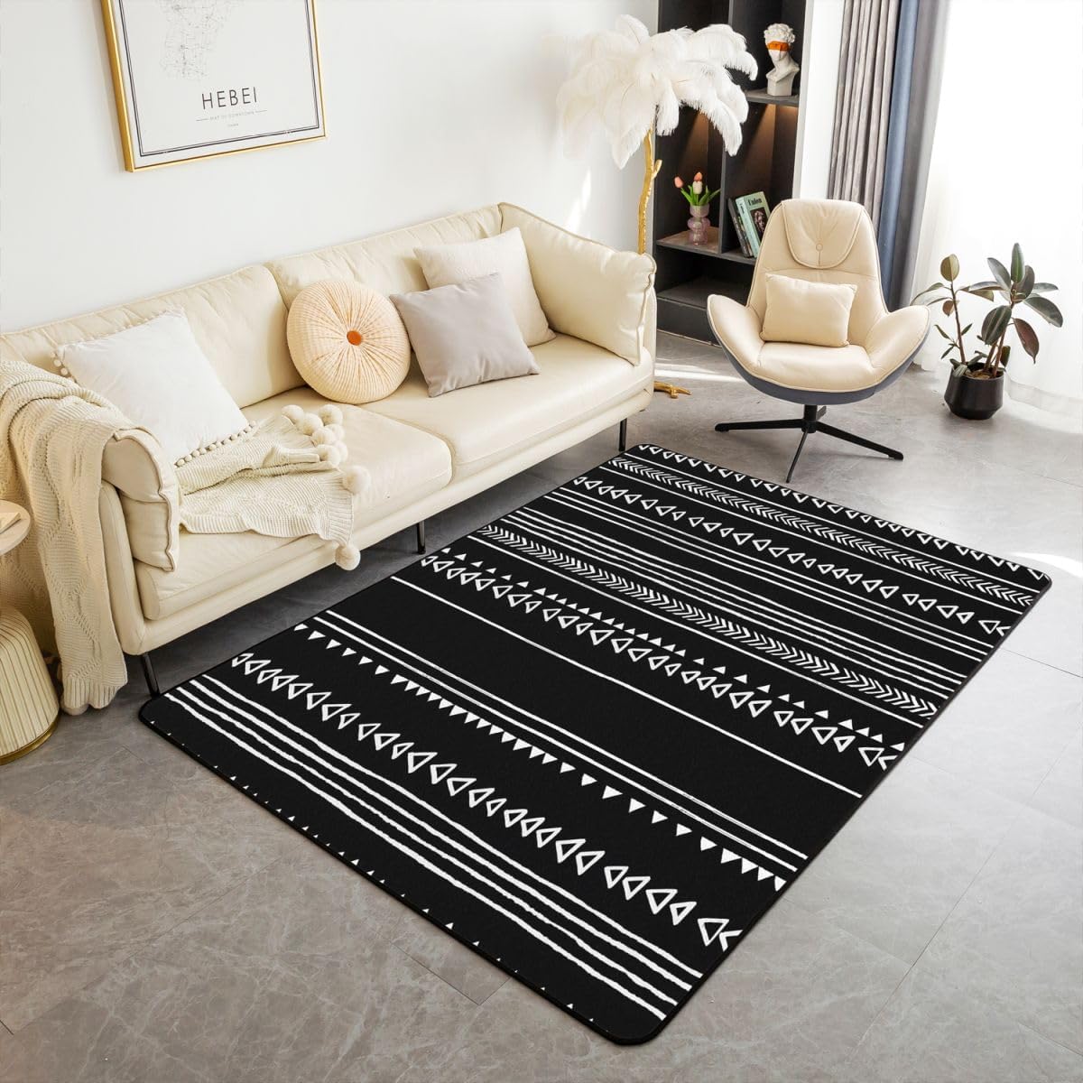 Erosebridal Rustic Boho Black White Aztec Rug Simple Geometric Stripes Triangle Pattern Area Rug 3x5 for Kids Adults Men Modern Abstract Indoor Floor Mat Farmhouse Room Decor