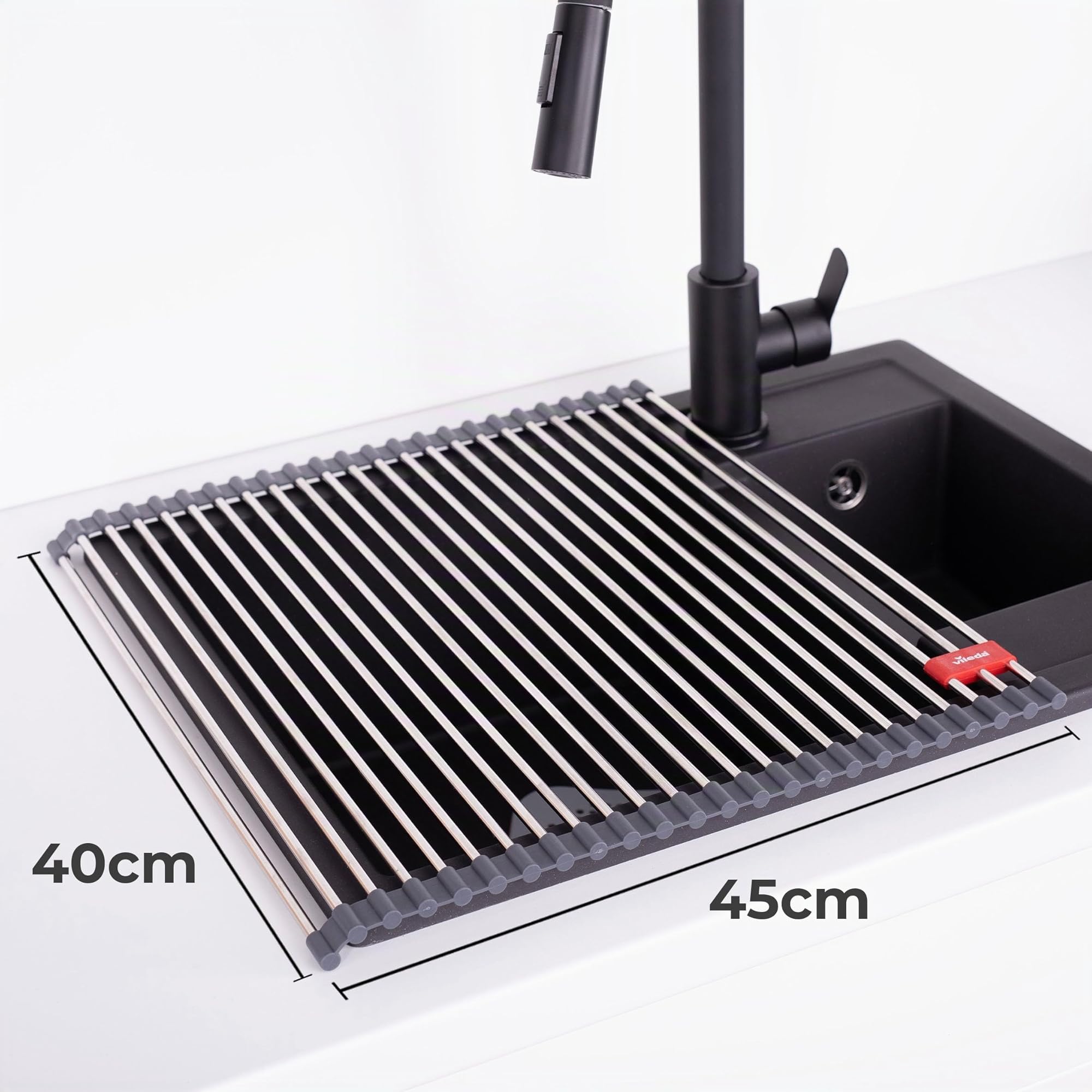 Vileda Scolapiatti Arrotolabile per Lavello 45x40cm in Acciaio Inox e TPE - 24 Barre, arrotolabile - Scolapiatti e Coprilavello - Scolapiatti Pieghevole - Griglia per Lavandino Cucina
