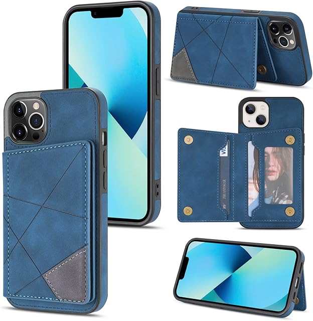 UEEBAI Wallet Case for iPhone 13 Pro Max 6.7 inch, Slim PU Leather Case with Card Holders Kickstand Double Magnetic Clasp Durable Skin feel Shockproof Flip Folio Cover - Blue