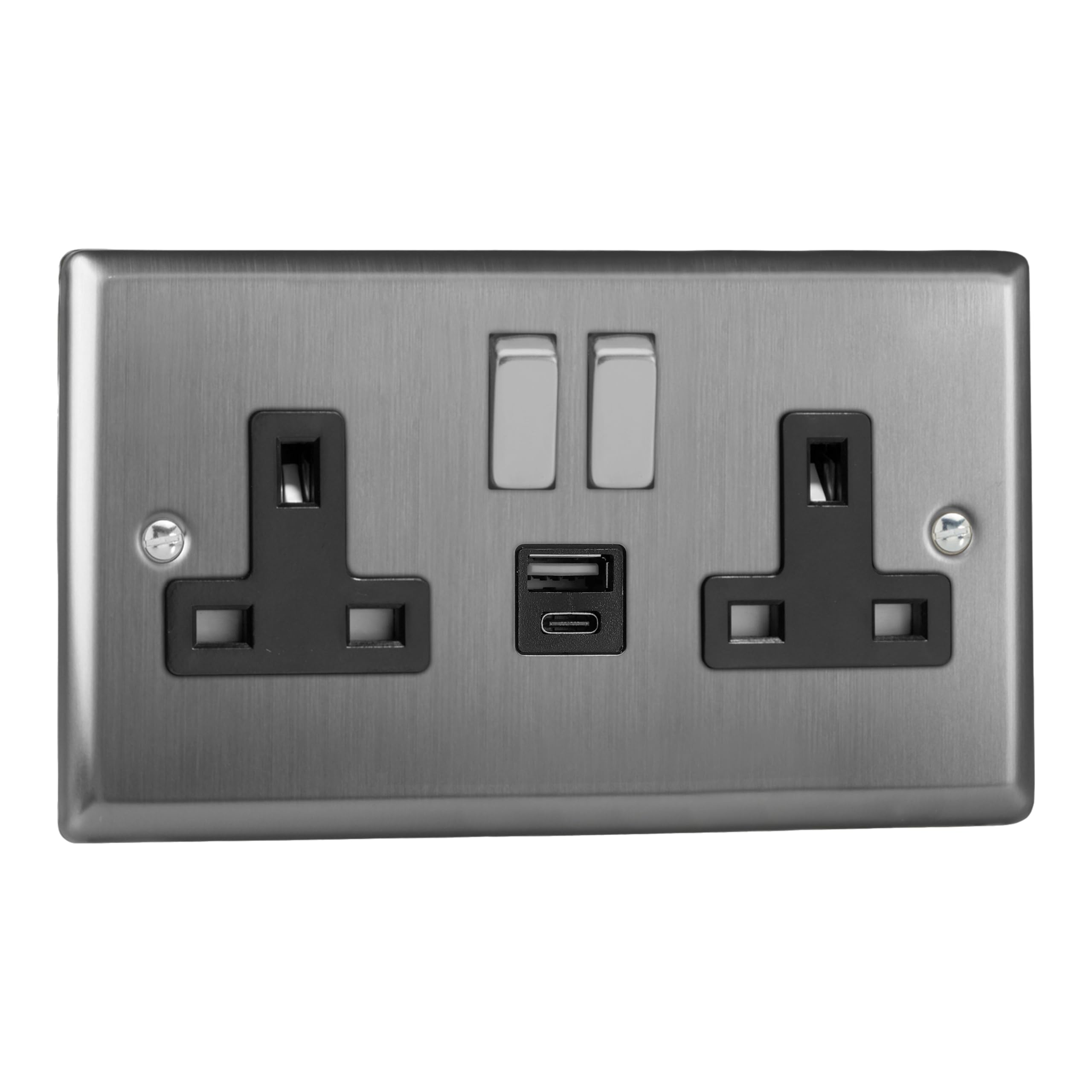 Varilight Double Switched Plug Socket With USB A+C Charging - Classic Brushed Steel With Brushed Steel/Black Insert, XT5UACDB