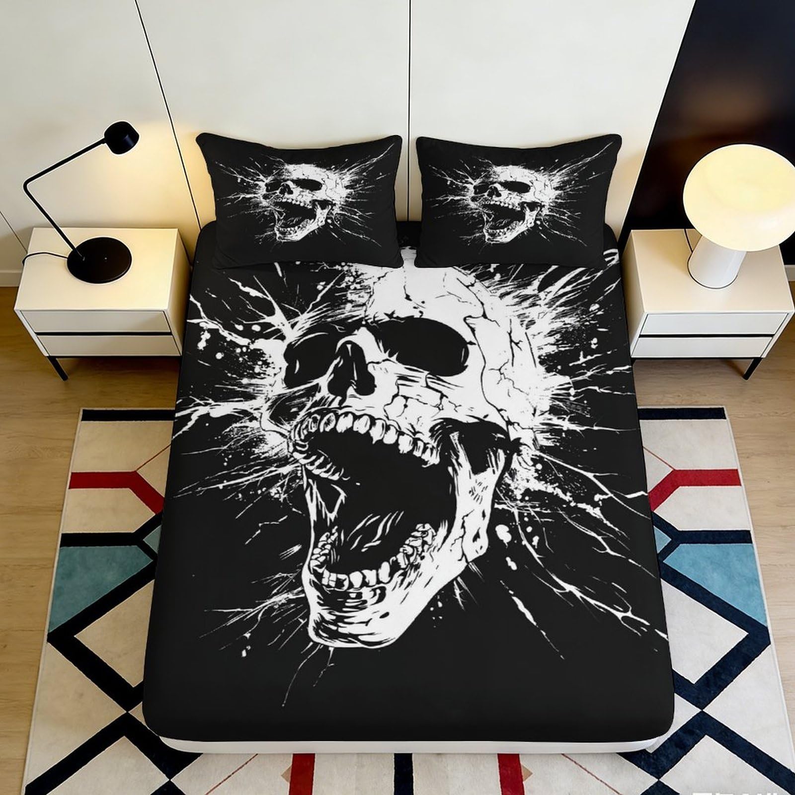 3D Printed Black Skull Fitted Sheet Microfiber Breathable Splatter Art Mattress Cover for Bedroom Guest Room Decor 90x200x25cm