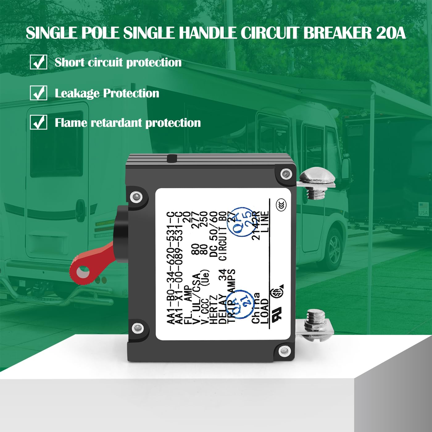 A-Series 20A Boat Circuit Breaker Magnetic with Red Toggle AC/DC Single Pole - 20 Amp Protects Low Power Devices for Marine Yachts, Motorhomes, Campers and Caravans