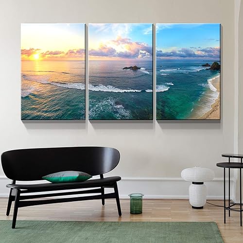 Miniatura 31 de Denozer - Lienzo decorativo de 3 paneles para decoración del hogar, mar azul, puesta de sol, blanco, playa, pintura, impresión sobre lienzo, paisaje