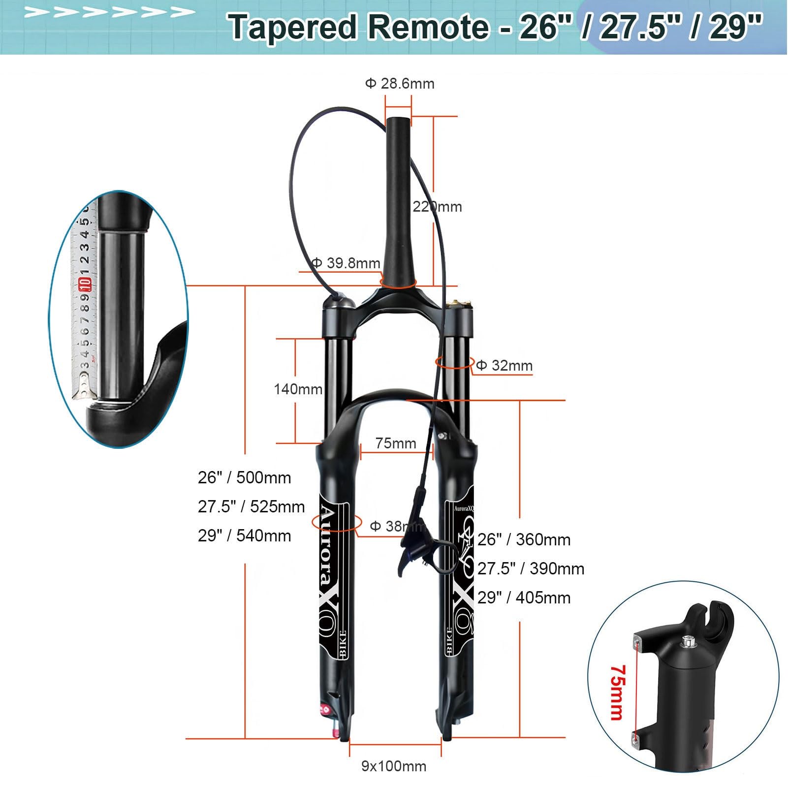 Forcella Anteriore in Lega di magnesio con Sospensione pneumatica, Adatta per Bici MTB/AM/XC Offroad con Freni a Disco, Ruote da 26, 27,5 e 29 Pollici, con Regolazione del Ritorno