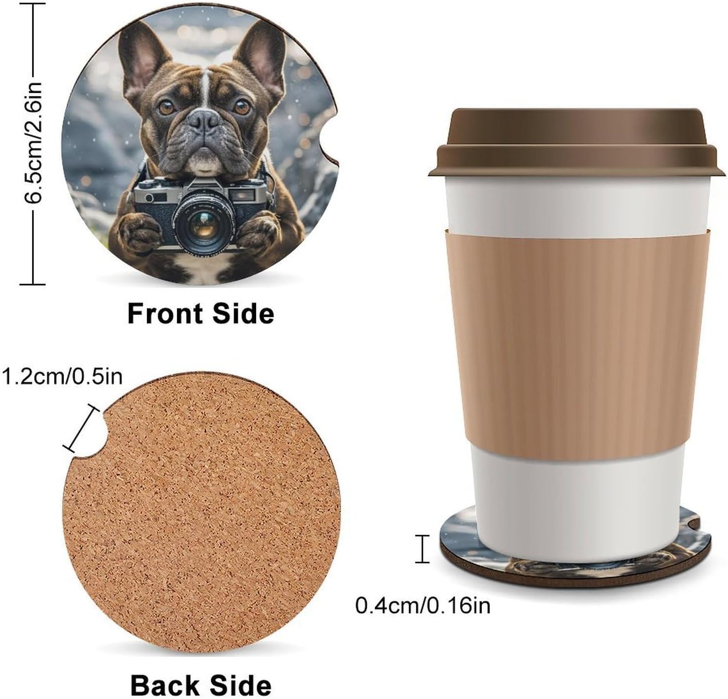 French Bulldog Camera Car Coaster with Cork Base & Finger Slot 4PCS image 2
