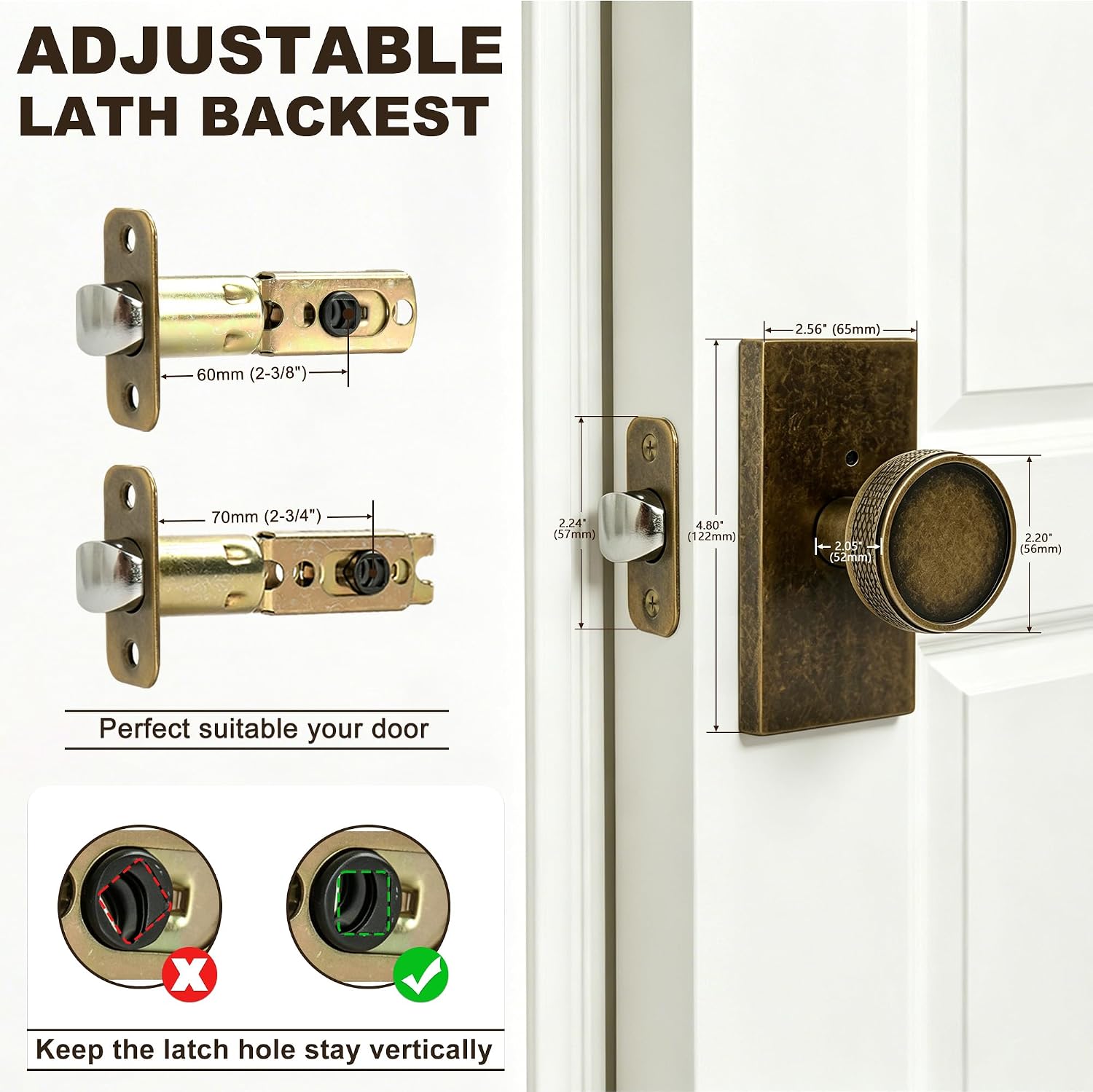 Privacy Antique Brass Door Knobs Interior with Lock | Vintage Brass Locking Door Handles for Bedroom & Bathroom, Cottage Style Knurled Grip, Fits 1-3/8" to 1-3/4" Doors