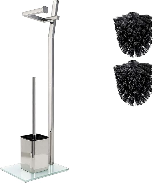 Smartpeas Toilet Roll Holder WC set - Chrome - 22x18x70 cm - Toilet Roll Holder Free Standing Include - Stainless Steel - Strong Glass Base - Additional: 1 Plus 2 Replacement Toilet Brush Heads!