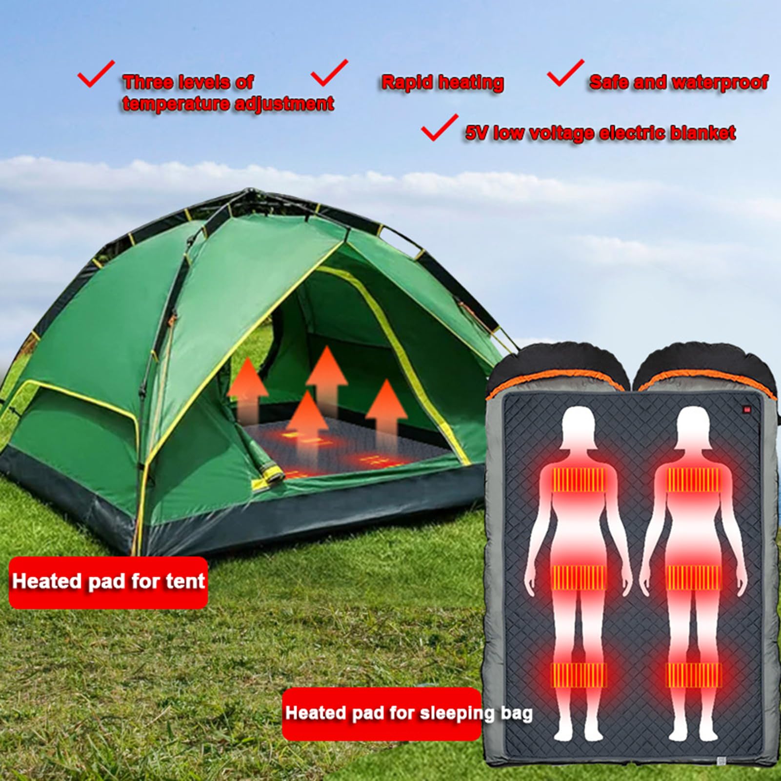 Almohadilla Calentada Instantánea para Tienda De Campaña para Saco De Dormir, Forro para Saco De Dormir con Calefacción, Manta con Calefacción USB, Calentador para Acampar Al Aire Libre