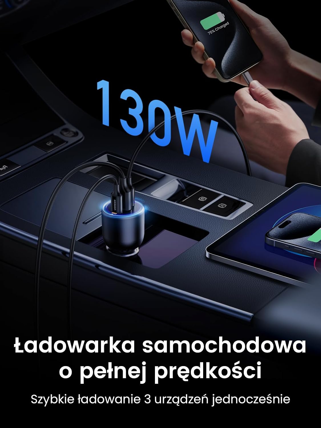 UGREEN 130 Вт 3-в-1 автомобильная зажигалка с разъемом USB-C Автомобильное зарядное устройство PD QC 100 Вт и 30 Вт автомобильный аксессуар 12 24 В для MacBook Pro iPhone 17 12 iPad Galaxy S25 S24