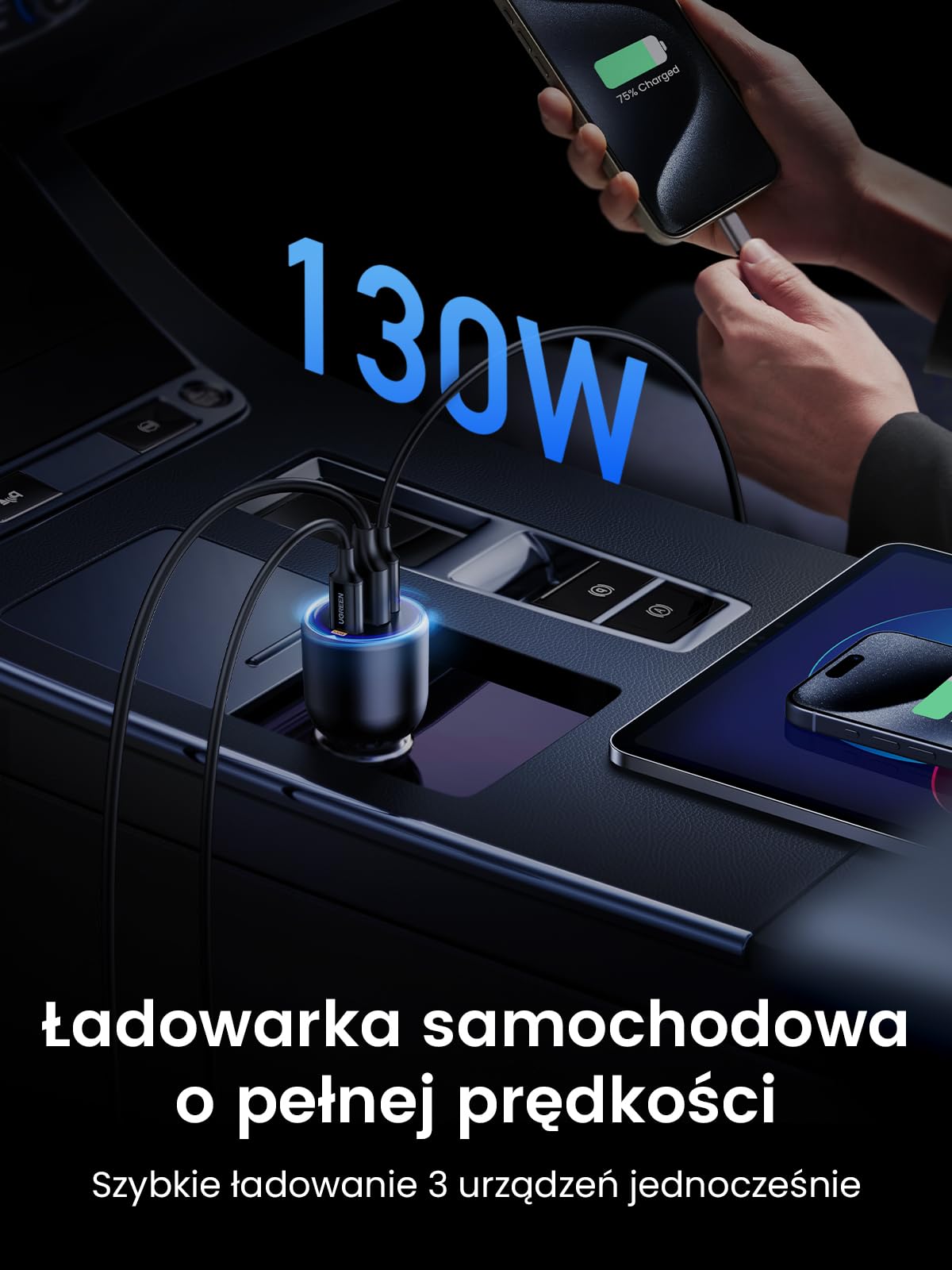 UGREEN zapalniczka samochodowa USB C 130W 3-portowa ładowarka samochodowa