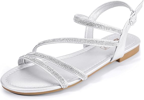 IDIFU Rhinestone Strappy for Women Dressy Summer Glitter Flat Sandals | Back Strap Open Round Toe Slingback Ankle Strap Wedding Bridal Prom Party Sparkly Bling Comfortable Cute Dress Sandal