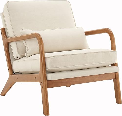 Miniatura 14 de SSLine Sillón tapizado moderno de tela de lino suave con almohada y marco de madera de roble, cómodo sofá individual con respaldo alto, silla de
