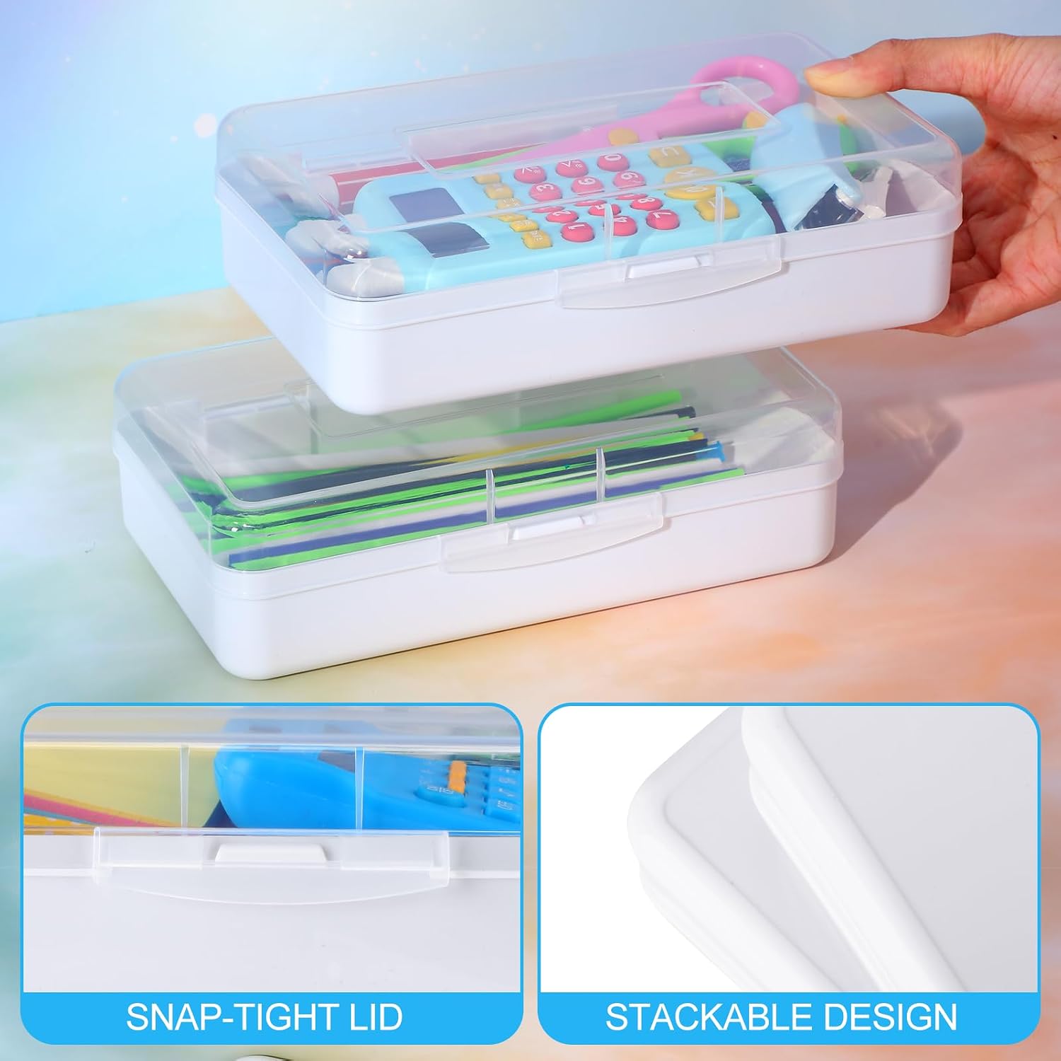 10 Pcs Plastic Pencil Boxes Bulk Clear Large Capacity Pencil Cases with Snap Tight Lid, Crayon Box Storage Organizer Containers for School Office Supplies Student Adult Multi Purpose (Clear and White)