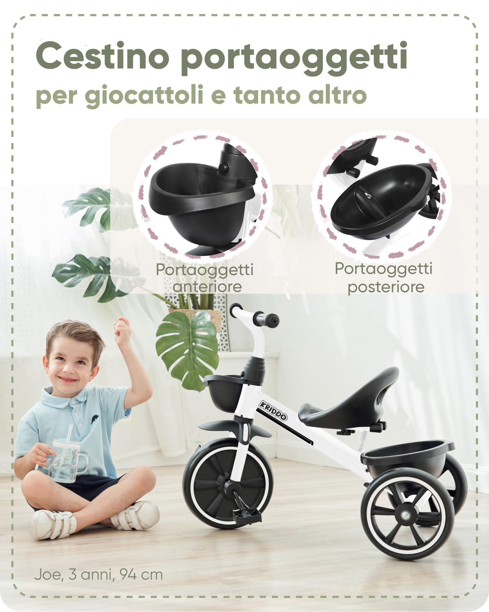 KRIDDO Triciclo per Bambini dai 24 mesi ai 5 anni, Tricicli per bambini da 2,5 a 5 anni, Triciclo Evolutivo da 2 a 4 anni, con Cestello Portaoggetti, Ideale da regalare, Bianco