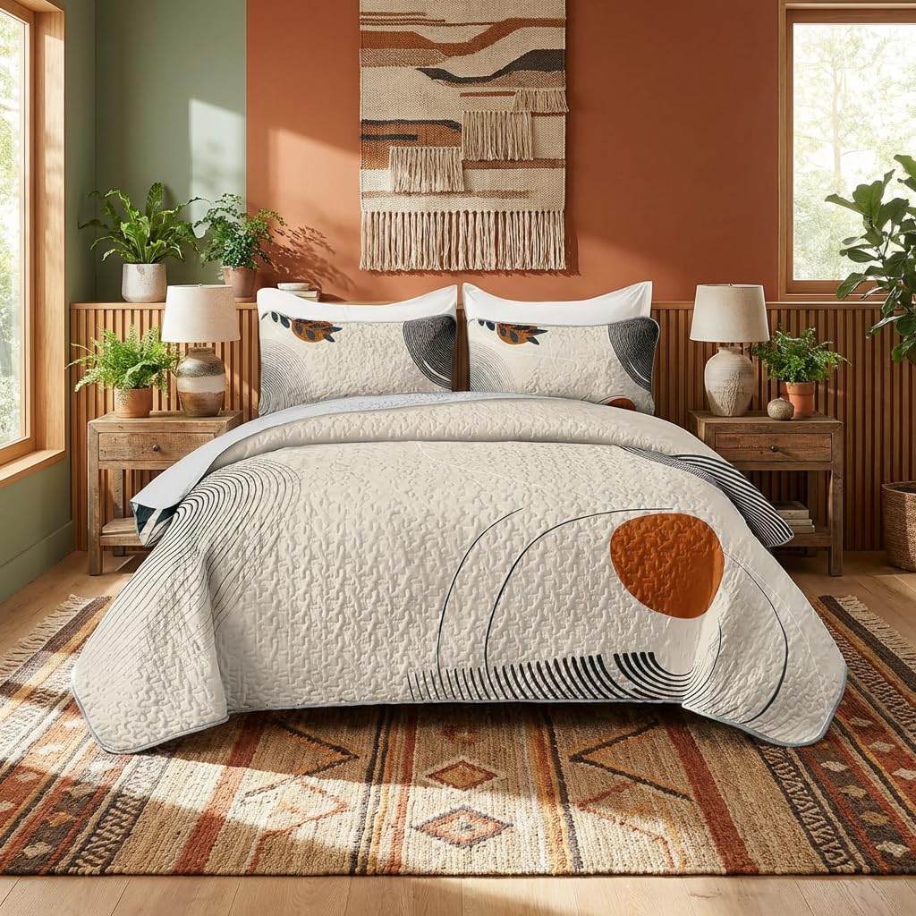 AILONEN Boho Mid Century Bedding Sets,Vintage Geometry Quilt Set Queen Size,Modern Minimalist Simplistic Bedspread Coverlet - Soft Lightweight 3Pcs 1 Quilt with 2 Pillowcases,Brown