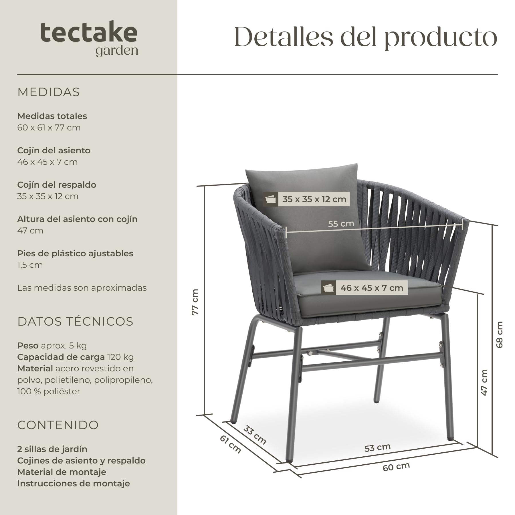 tectake® Sillas Jardin Exterior con Cojines Gruesos, Butacas Cómodas Terraza, Silla Cocina, Muebles de Exterior e Interior, Silla Tocador Maquillaje, Butacas de Comedor - 2 Sillas Gris Oscuro