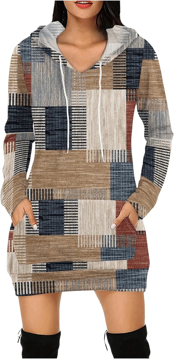 SOLY HUX Women’s Hoodies Sweatshirt Dress Striped Drawstring Long Sleeve Short Dresses with Pocket