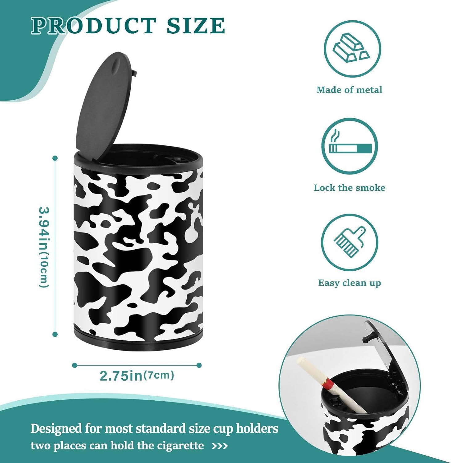 Cow Print Car Ashtray with Lid, Portable Car Ash Tray Detachable Smokeless Mini Trash Can for Car, Home and Office