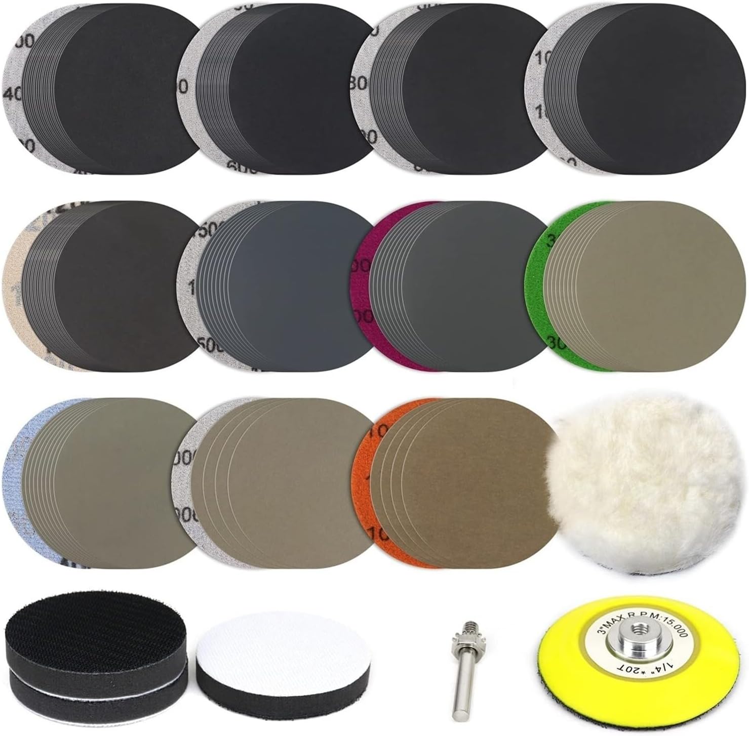 155pcs Sanding Discs 3inch Silicon Carbide 400-10000 Grits Wet & Dry Hook and Loop Sandpaper for Drill Grinder Rotary Tools