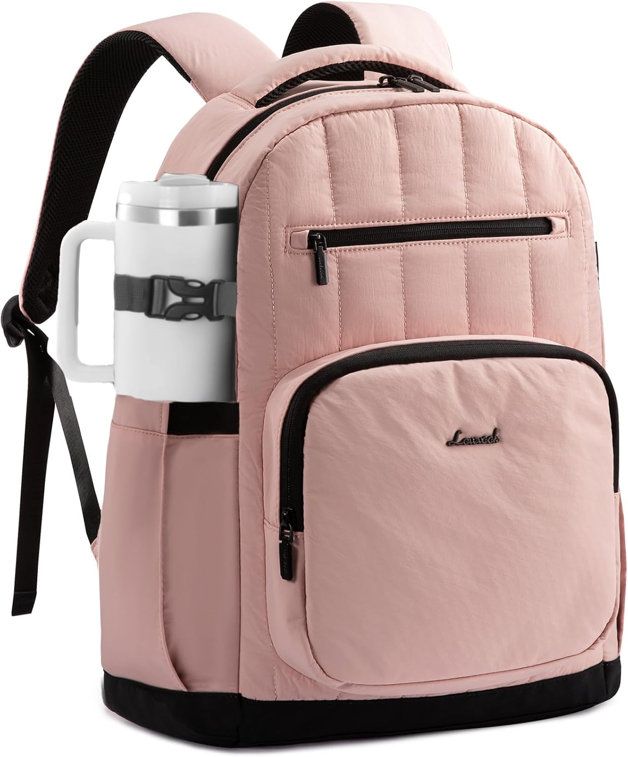 LOVEVOOK Laptop Backpack for Women with Giant Tumbler Holder Pocket,15.6 Inch Puffer Travel College Work Backpack Purse for Teacher Nurse,Waterproof Laptop Bag Computer Back Pack Daypack,Pink-Black