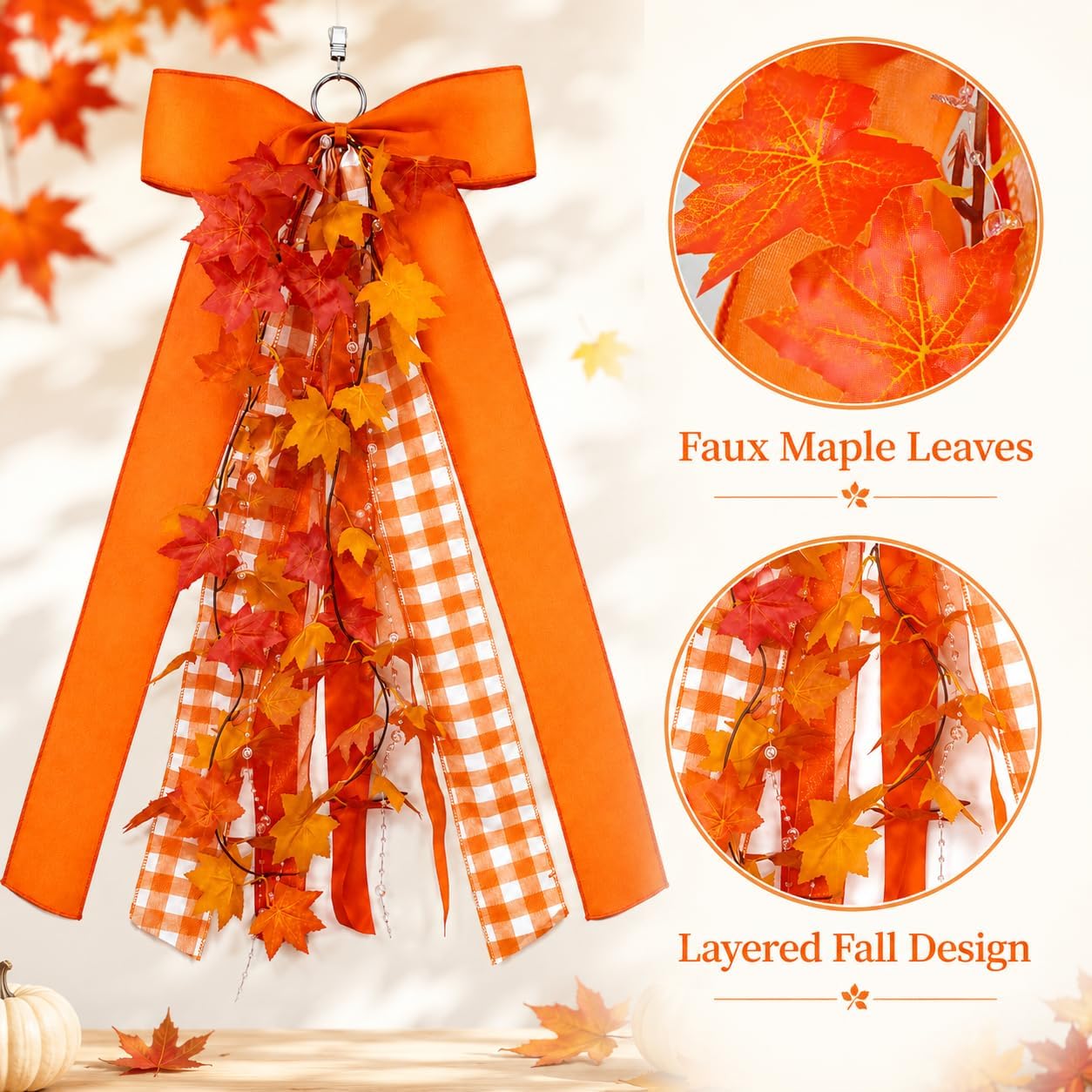 Fall Wreath Sash Front Door Ribbon Bow Large Orange Gingham Autumn Maple Leaves Thanksgiving Porch Decoration Streamer Hanging