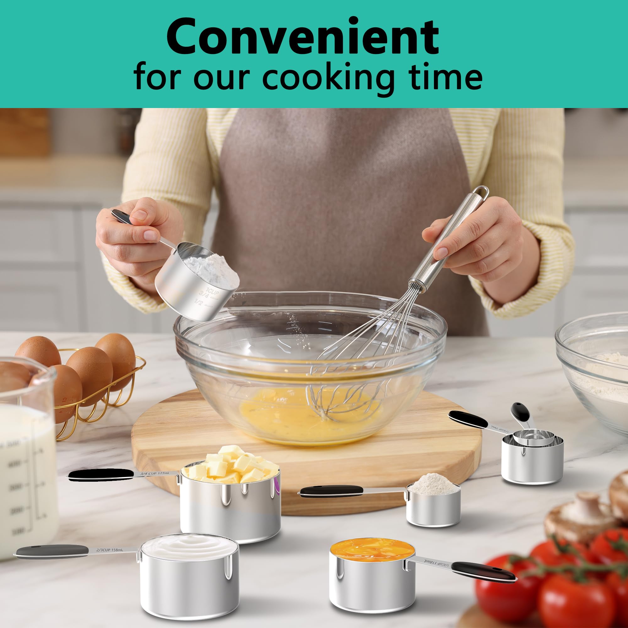 Minteem Measuring Cups and Spoons Set, 21 Pieces Stainless Steel Measuring Cups Measuring Spoons Set with Black Silicone Handle, Nesting Measuring Cup Spoon for Dry or Liquid Ingredients