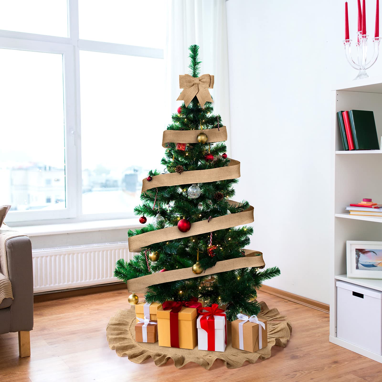 Jupe de Sapin de Noël en Toile de Lin avec Garniture à Volants Jupe d'arbre de Noël pour Décor Sapin de Noël et 3 Pouces Ruban Artisanat en Tissu de Toile de Lin Large 10 Yards (47 Pouces)