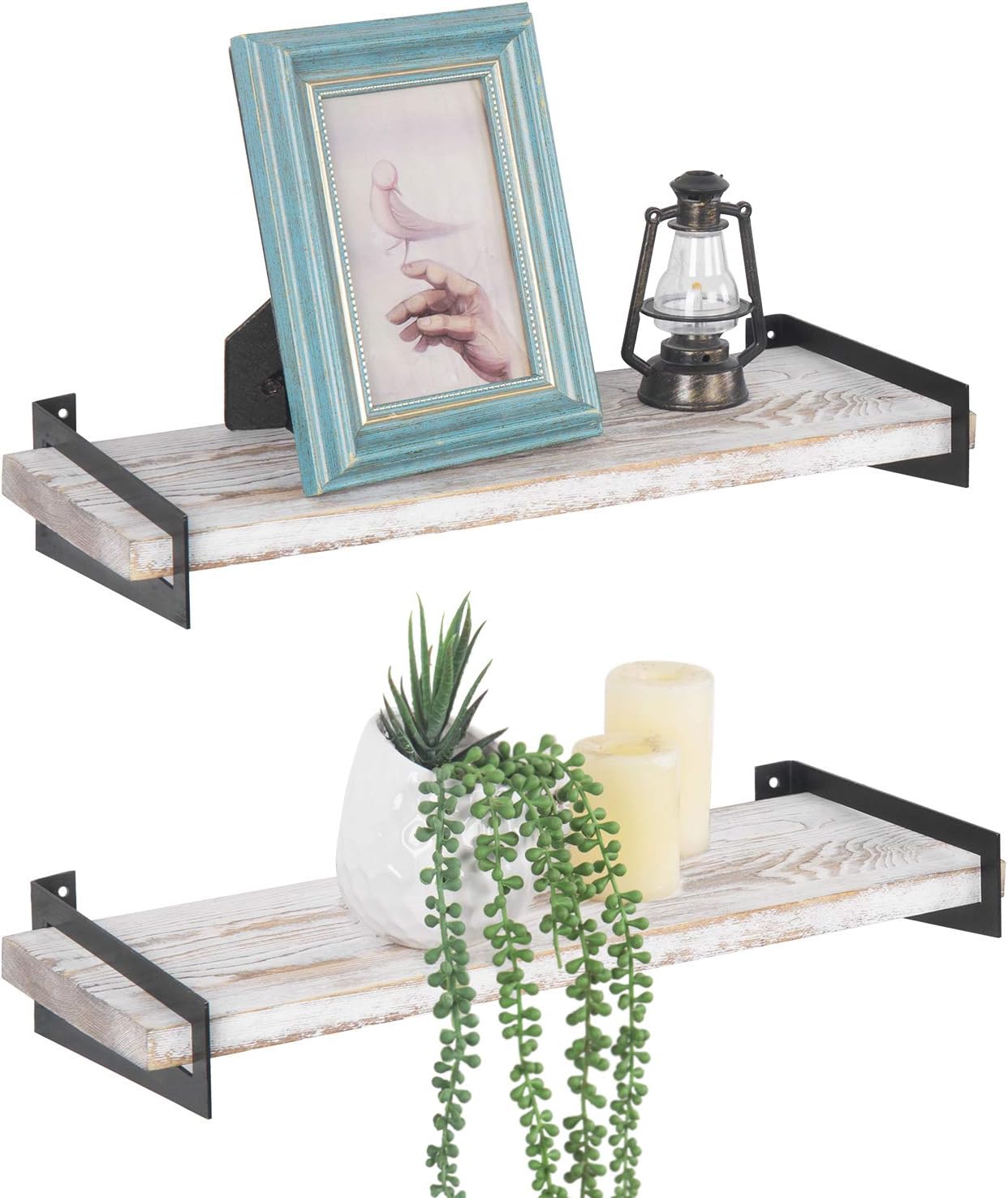 MyGift 16inch Whitewashed Wood Floating Shelves with Black