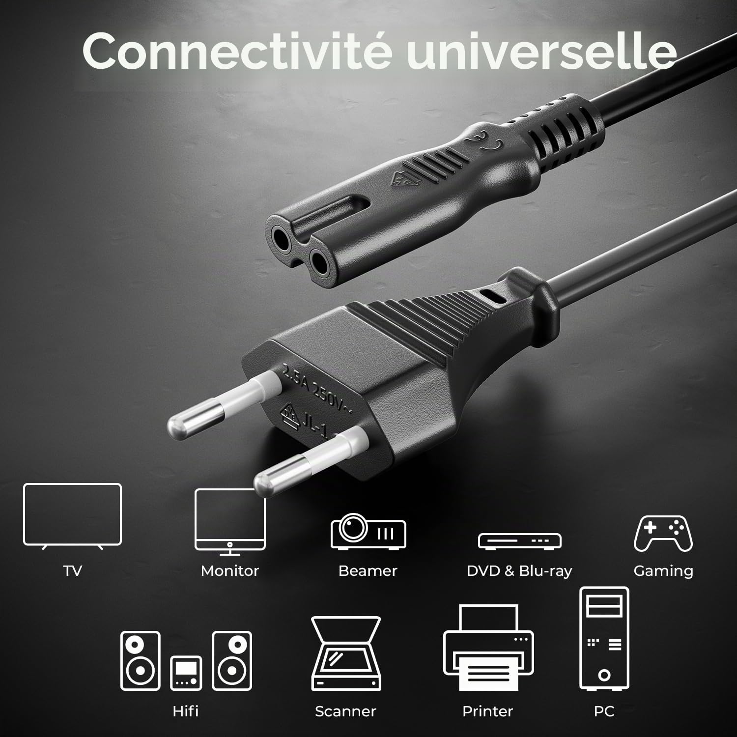 deleyCON 2m Câble D’Alimentation Secteur Prise Type C Euro vers Connecteur C7 Euro - Câble électrique pour TV Blu-Ray Appareils Ménagers Blocs D’Alimentation - Noir