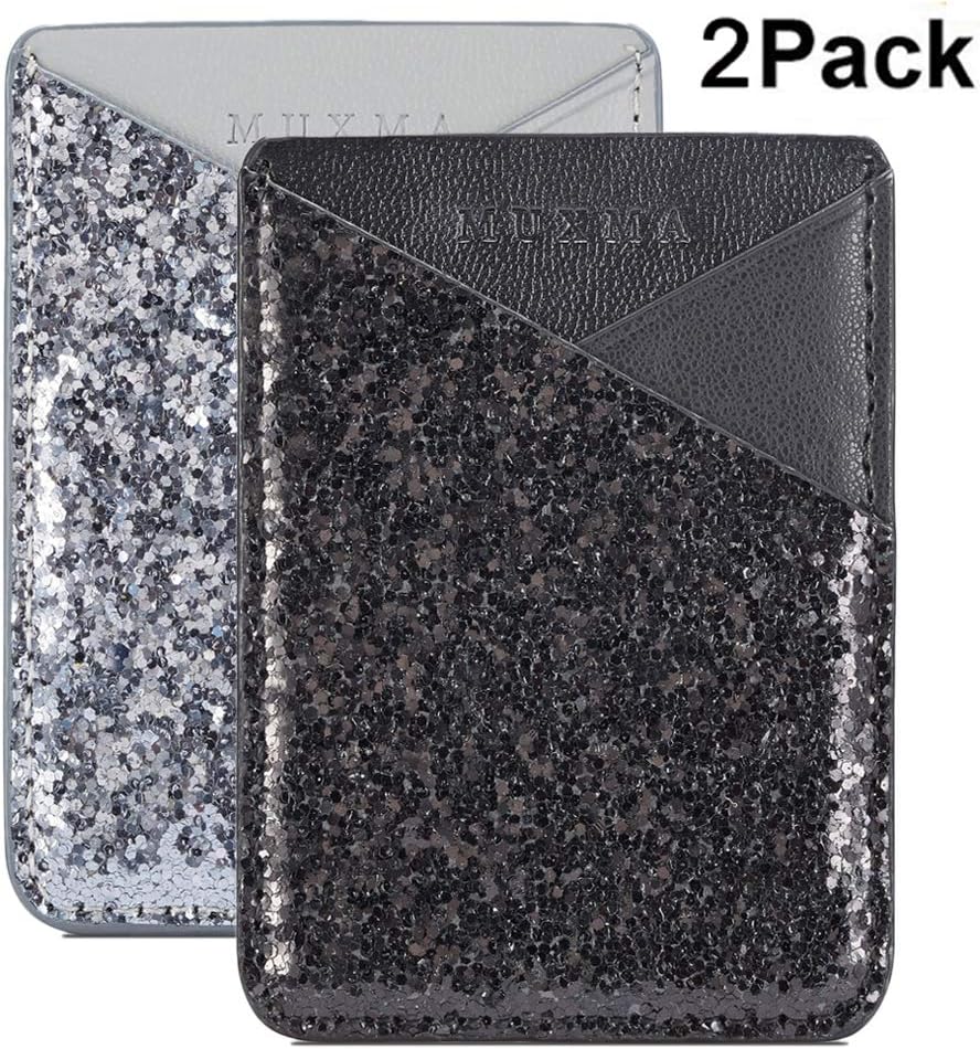 Faux Leather Cell Phone Wallet,Credit Card Holder for Back of Phone Pocket 3M Adhesive Sticker Card Pouch Sleeve for iPhone/Samsung Galaxy/Sony/Android and Most Smartphones,Black/Silver Glitter