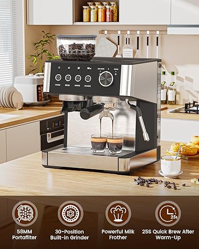 Miniatura 5 de Máquina de café expreso de 20 barras con molinillo de café antiobstrucciones integrado, máquinas de café Expresso con varita de vapor de leche,